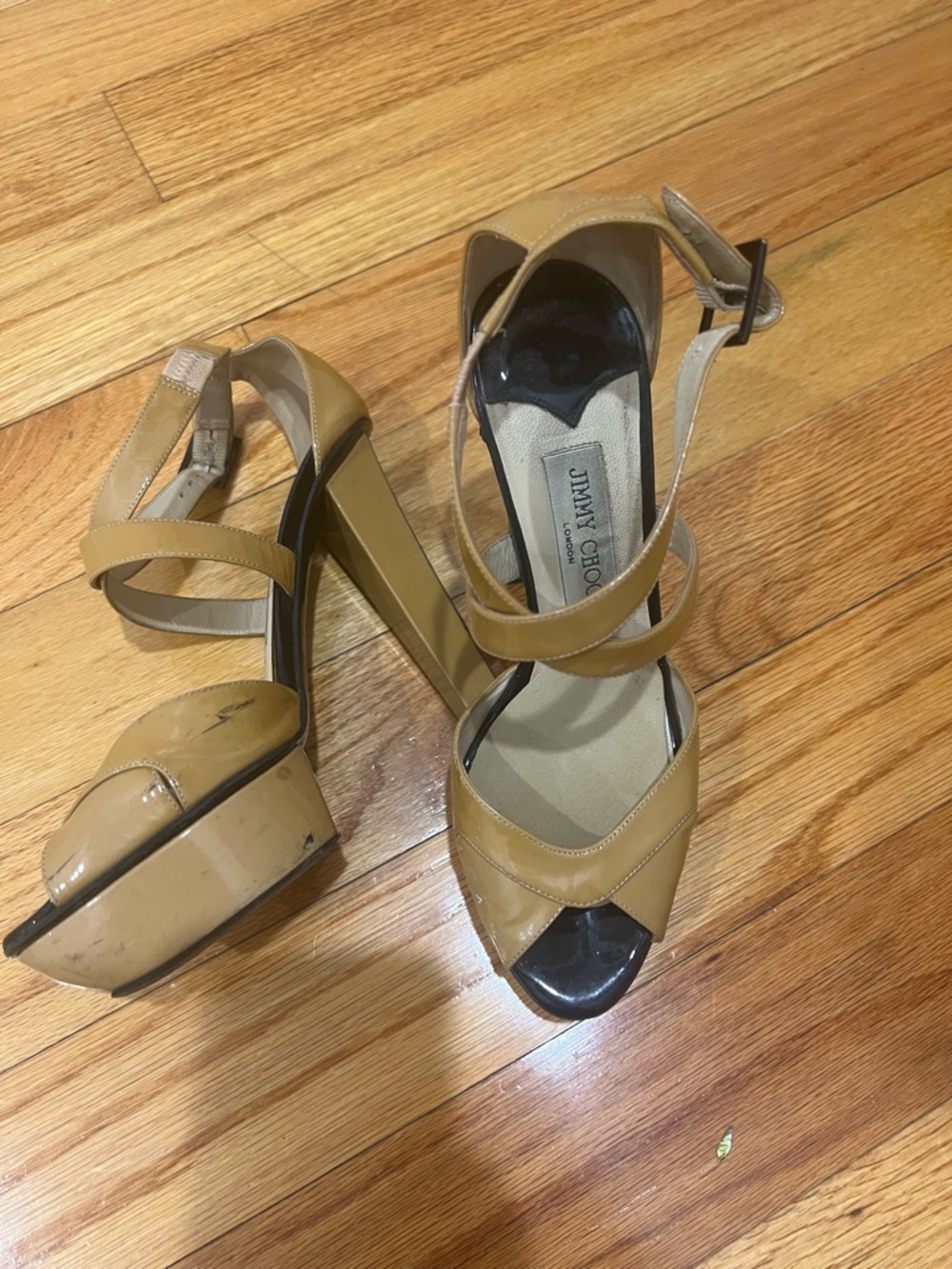 Jimmy Choo Tan Leather Platform Ankle-Strap Heels shoes 39 USA 8.5 vintage sexy!